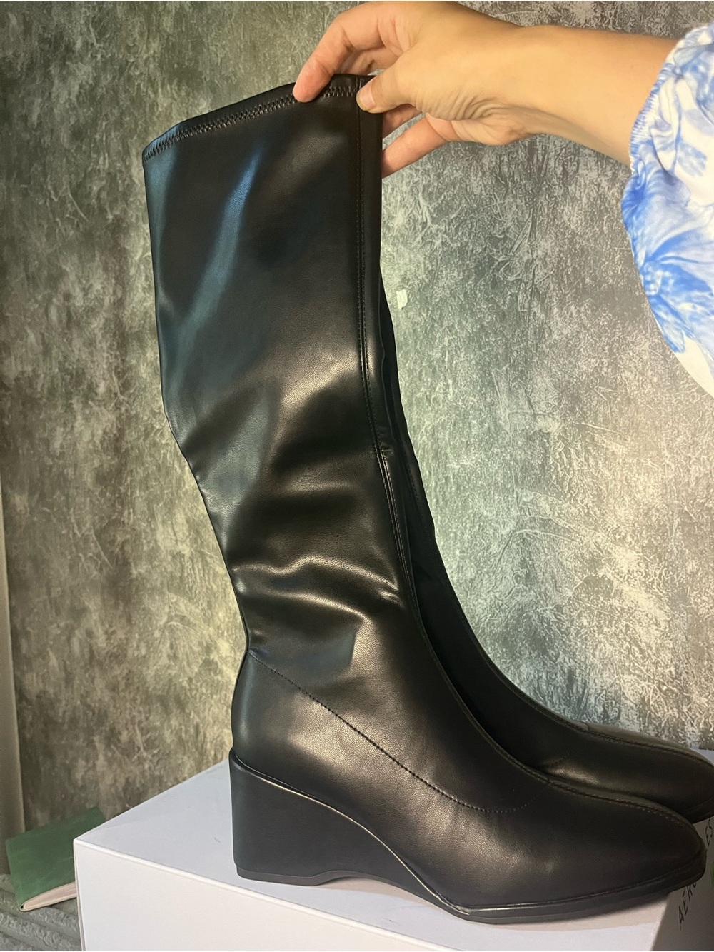 AEROSOLES Black Faux Leather Knee High Wedge Boots Sz 9